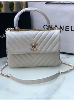 SMALL FLAP BAG WITH TOP HANDLE Chevrons Pattern Lambskin Gold Metal White A